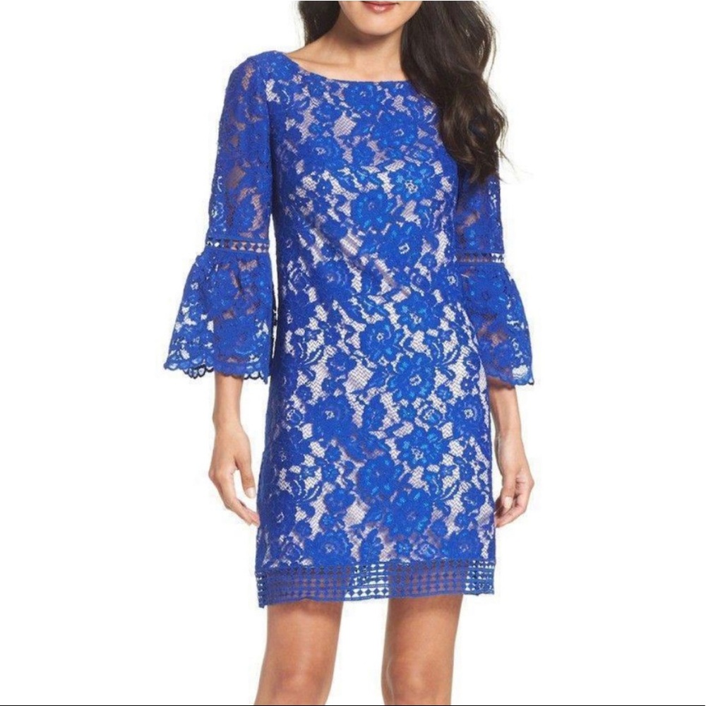 Eliza J Bell Sleeve Shift Dress Cobalt royal blue floral 2P lace